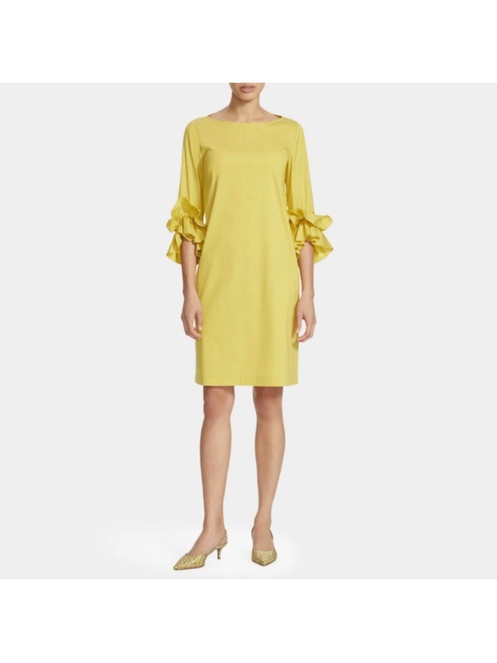Lafayette 148 Yellow Ruffle Sleeve Shift Dress Size S Boar Neck Pullover Pockets